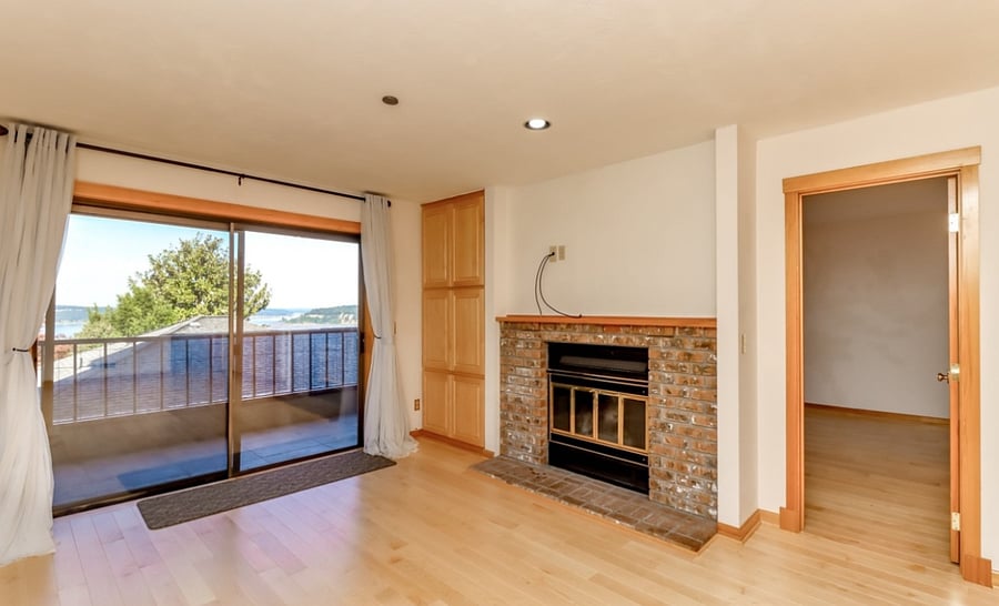 Living room with view and wood fireplace