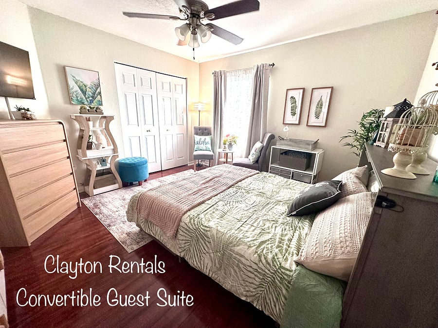 Bedroom #4 is a convertible queen bedroom suite or work space. It features plenty of storage and a convertible Queen-size Murphy Bed.