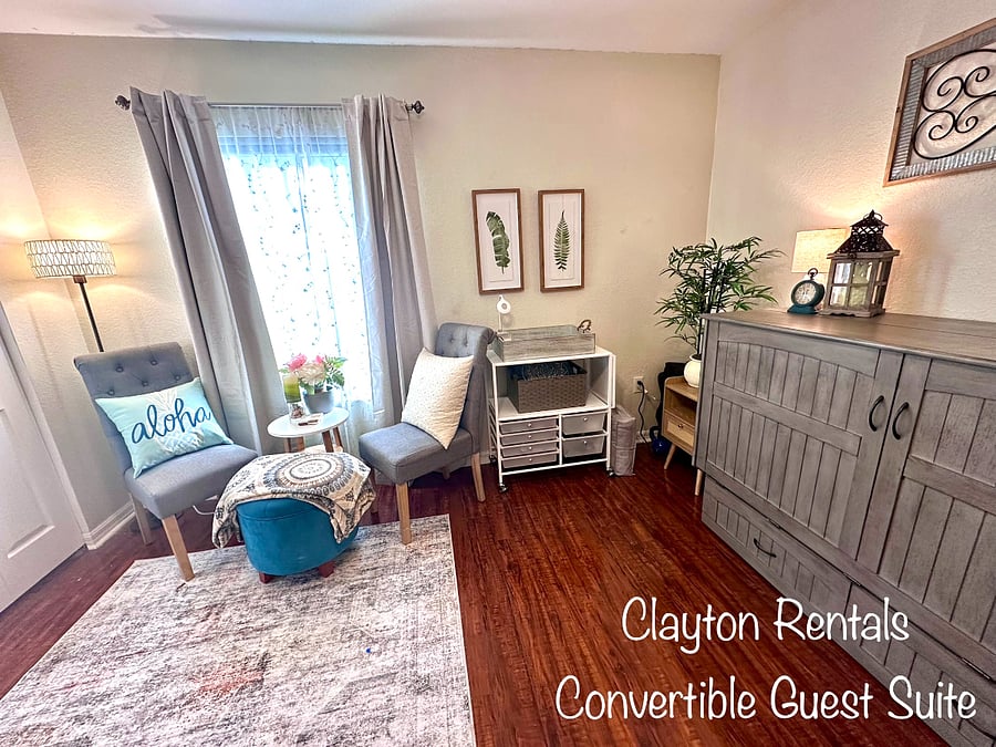 Bedroom #4 is a convertible queen bedroom suite or work space. It features plenty of storage and a convertible Queen-size Murphy Bed.