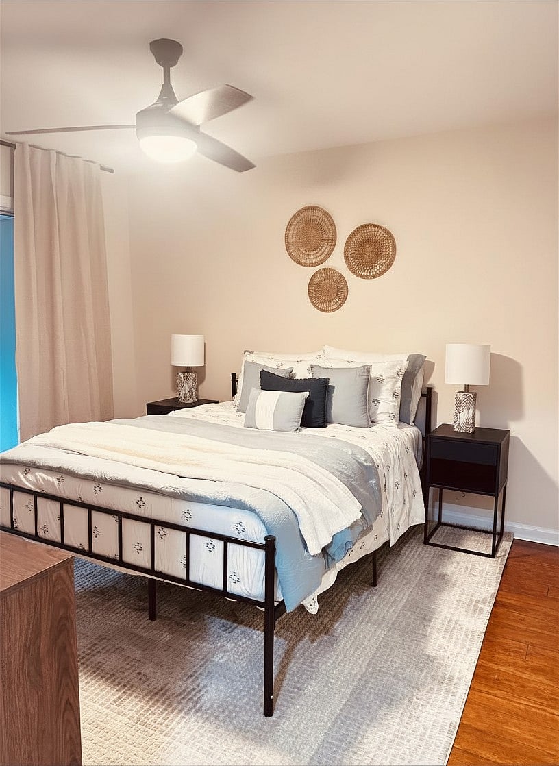 Master bedroom with brand new Queen Nectar mattress, Roku TV, Homedics air purifier, blackout shades, fan and plenty of extra linens. 6-drawer chest for all your items. En suite bathroom with large closet as well. Porch access from room.