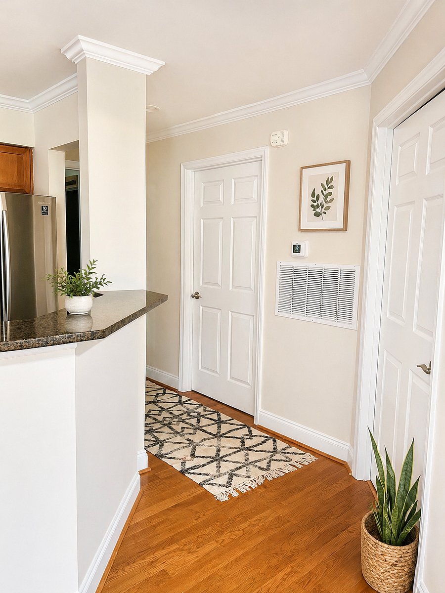 Hallway to bedrooms and bathrooms. First door is guest bedroom, second door is guest bathroom plus laundry room.