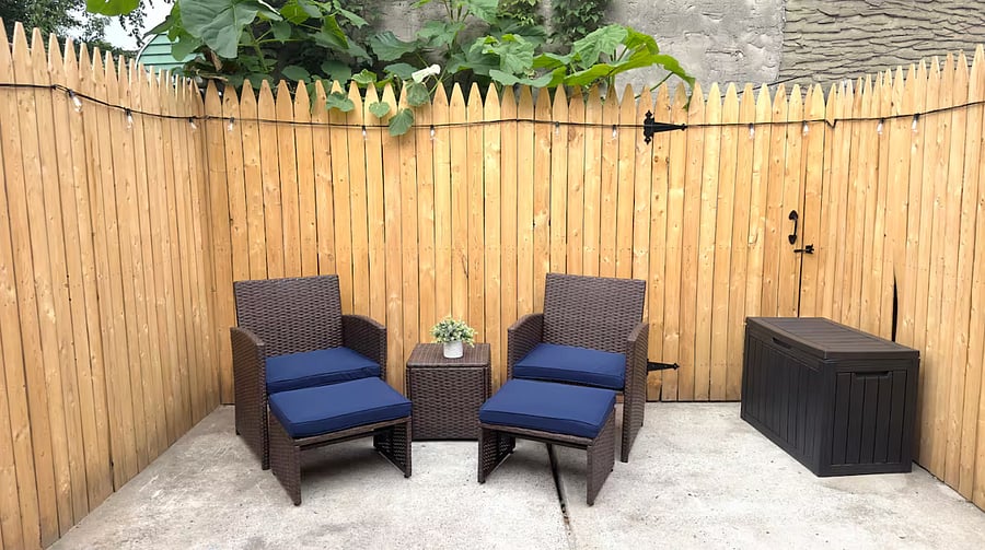Private outdoor patio with string lights for beautiful nightime ambiance