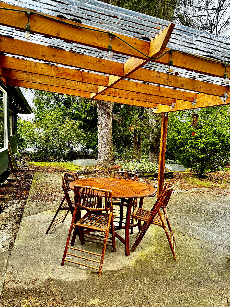 Fenced backyard with wooden table.