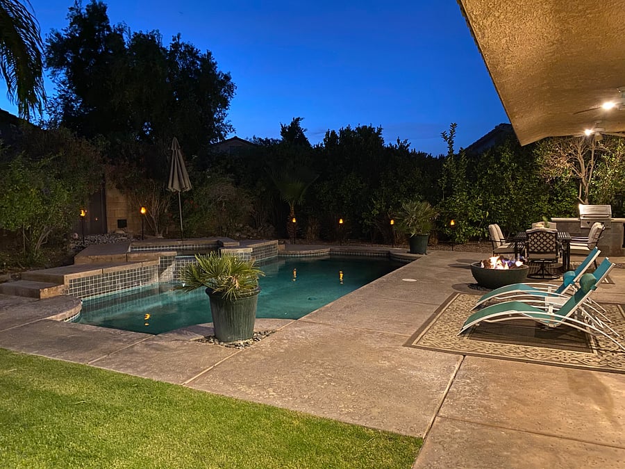 Peaceful Evening View of Pool & Backyard