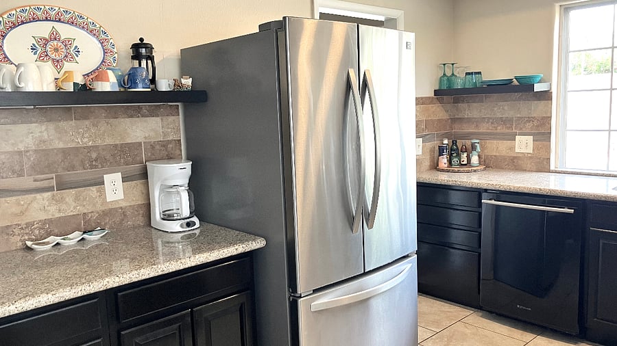 Coffee maker, large frige, plastic dishes for poolside
