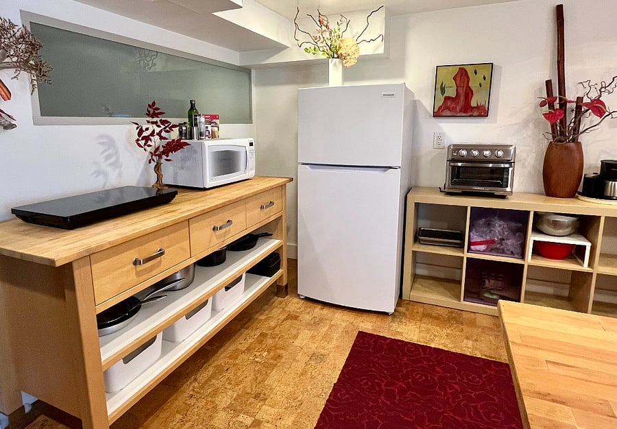 Full size fridge, microwave, and double induction burner