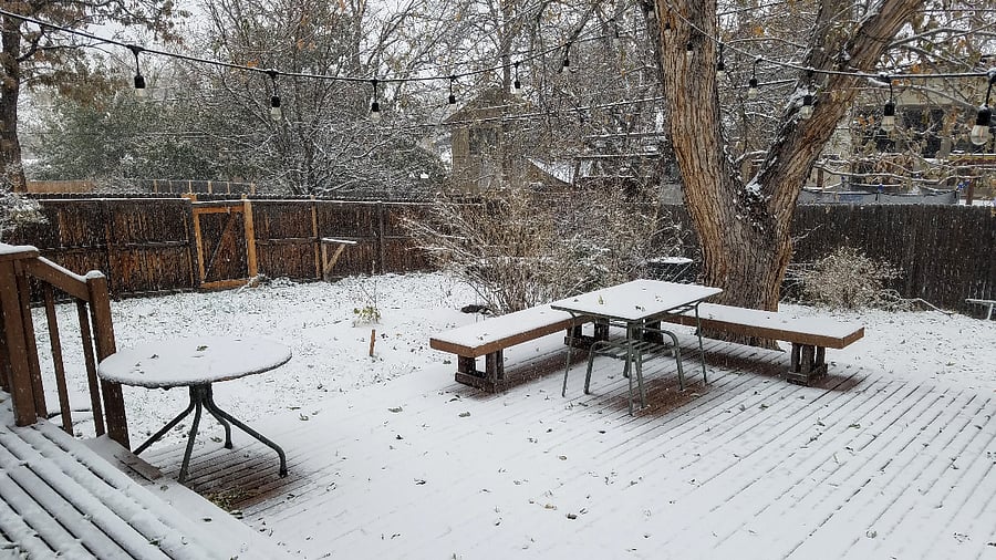 Winter view of the back deck, accessed from the kitchen.