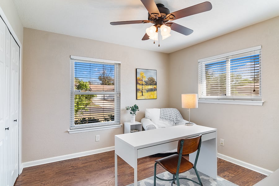 Flex room- currently set up as an office/workspace but can be converted to a third bedroom with full bed upon request