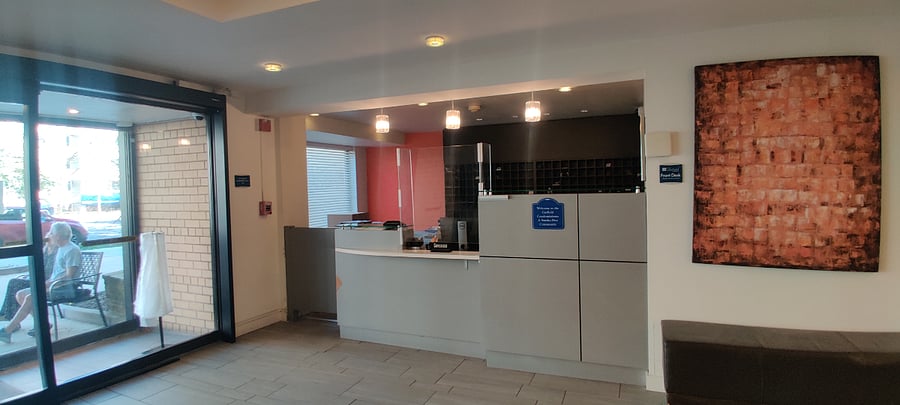 24/7 concierge area. They will store your packages safely behind the desk. The staff are lovely, and they have security screens that they monitor too. People who come in need to check in here.in the