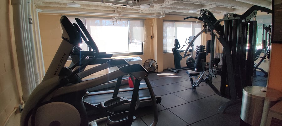 The gym has an elliptical, two treadmills, a bike, free weights, and two multi-purpose exercise machines a. It also has steps, mats, exercise balls and a mirror to check your form. 
