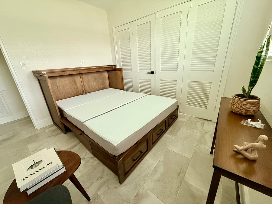 Guest room,  open cabinet queen bed with comfortable 6 trifold gel mattress 