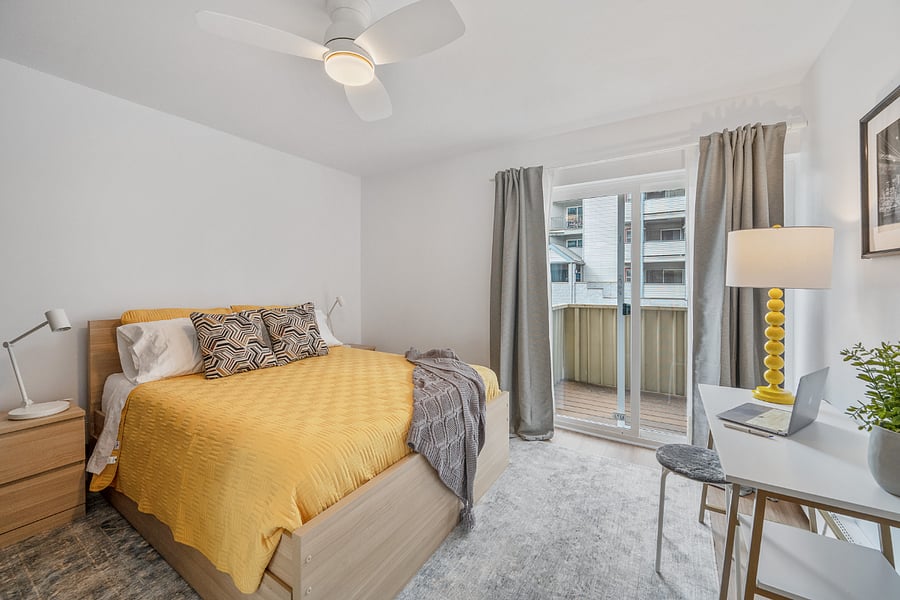 large bedroom, new queen sized memory foam bed with blackout curtains and large closet and desk