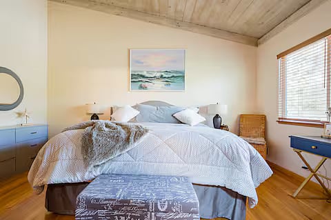 Master bedroom, king bed, working desk.