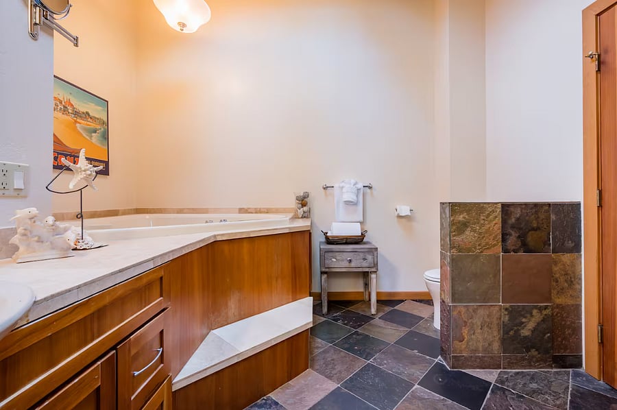 Master bath with Jacuzzi tub, slate floors and shower.