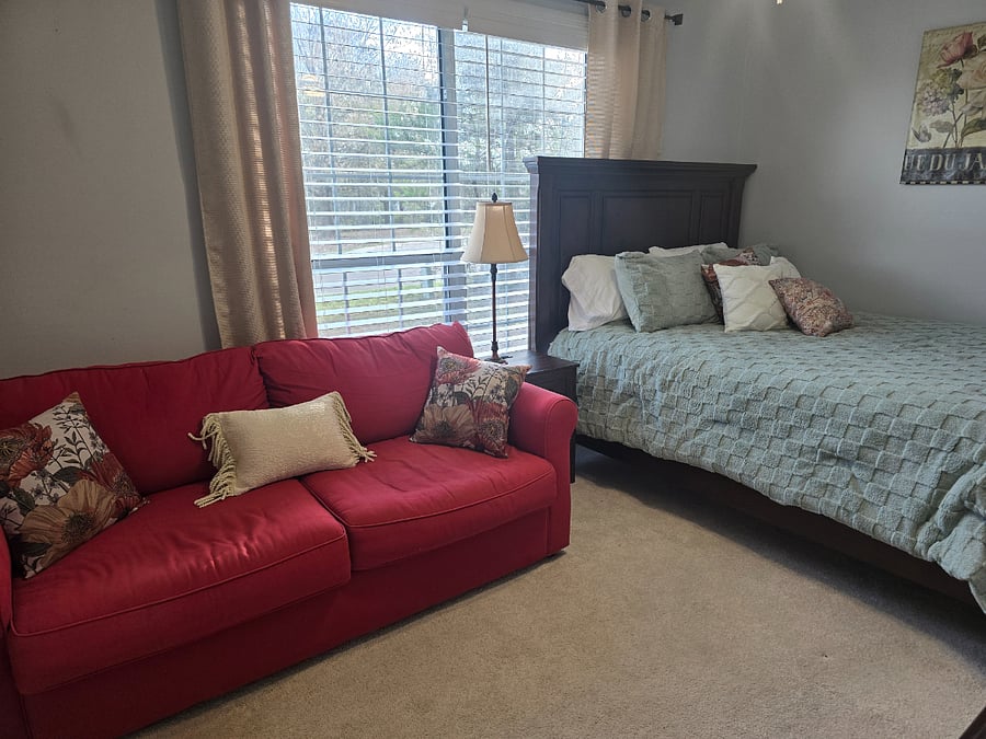 Queen Serta bed with Full-sized Memory Foam Sofa Sleeper + 32" TV on pullout shelf. Smart lighting in ceiling fan and lamp.