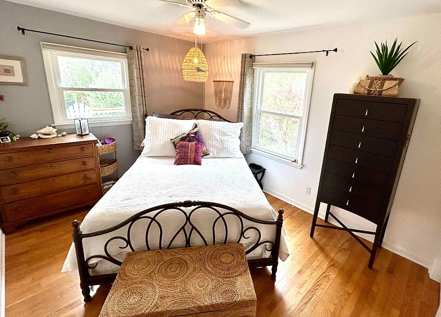 Bedroom with Queen bed and views of back and side yard