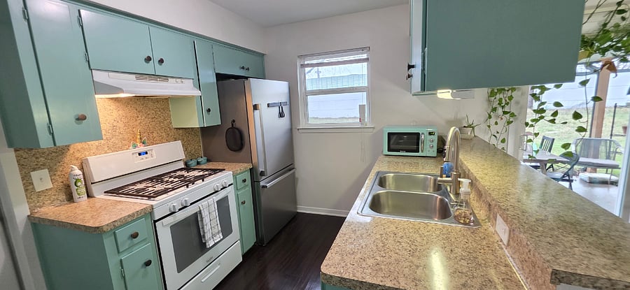 Pecan Porch retreat retro kitchen with new fridge freezer drawer on bottom (plus full deep freezer in garage)