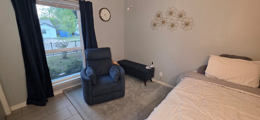 Twin Bed with Comfy rocker+ glider + recliner chair also BABY READY with changing table, bassinet, crib, toys, and books.