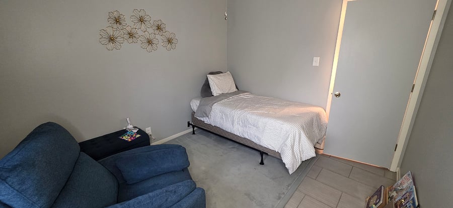 Twin bed BABY READY black out curtains, sound machine, no wifi baby camera, toys, books, busy boards, plus crib, bassinet and packnplay available
