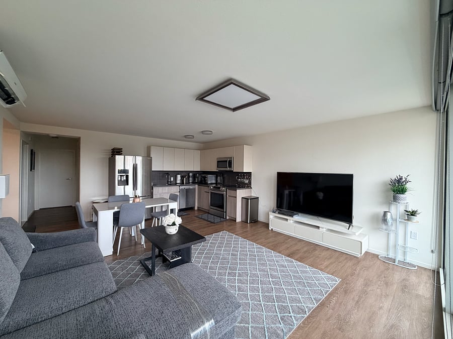 Open concept kitchen and living space.