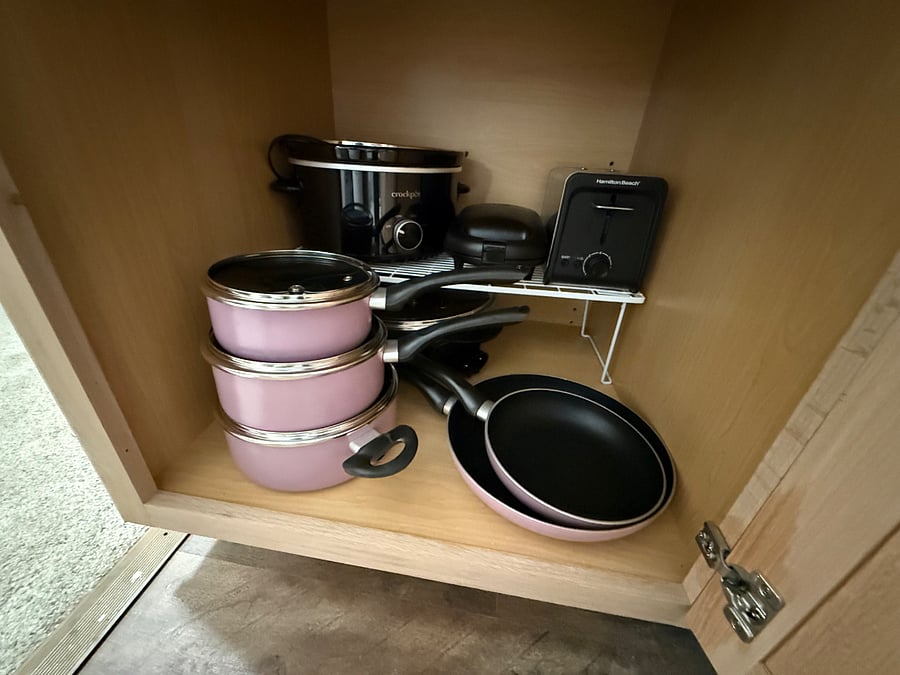 Fully stocked private kitchenette
Pots, pans, toaster, slow cooker, electric skillet and 2-burner induction plate