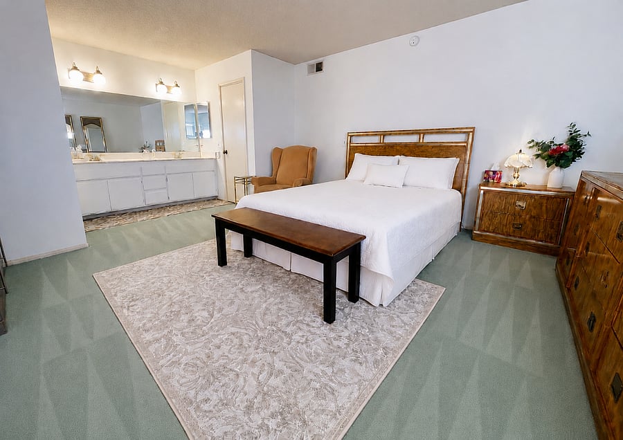 Queen size bed with new soft firmness mattress.