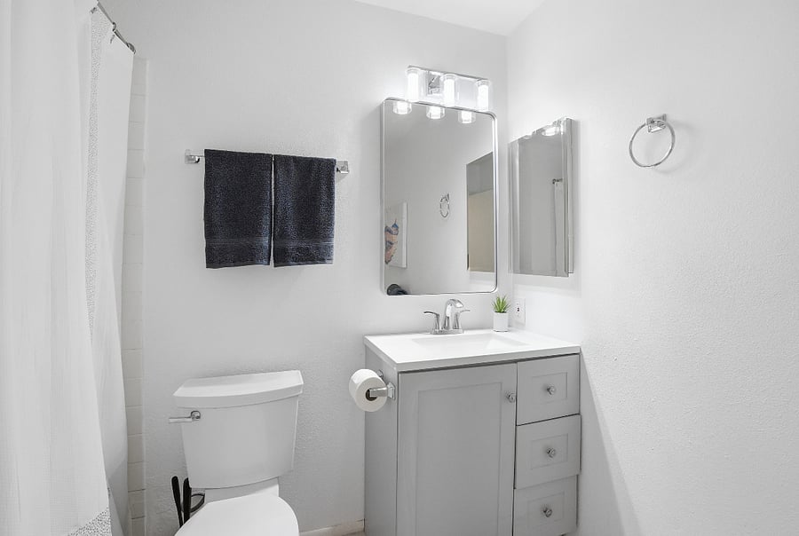 Shared bathroom for rooms 2 and 3. There is lots of storage space!