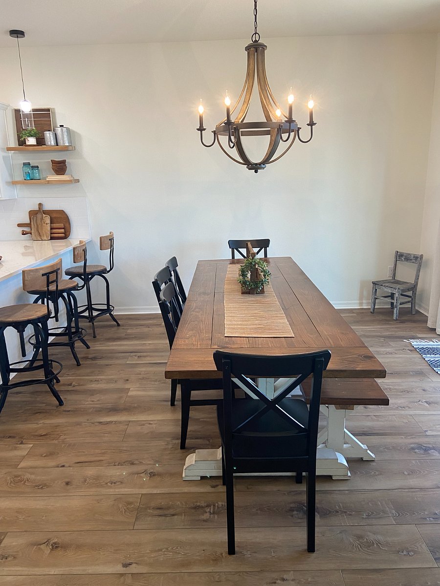Large dining room table  or countertop for eating meals.