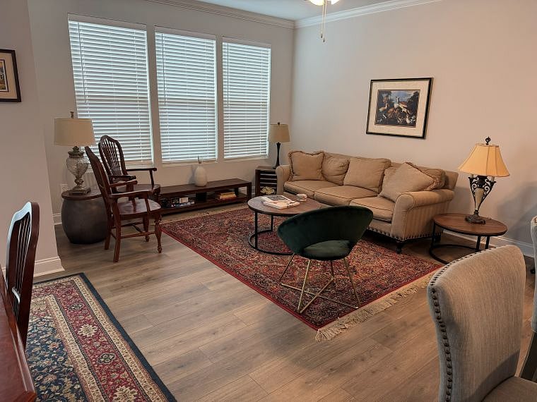Living area w/ custom blinds, sofa, pillows, ceiling fan, & rug.