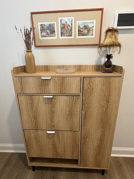 Shoe cabinet, horizontal coat rack w/hooks, & umbrella stand at front left entry.