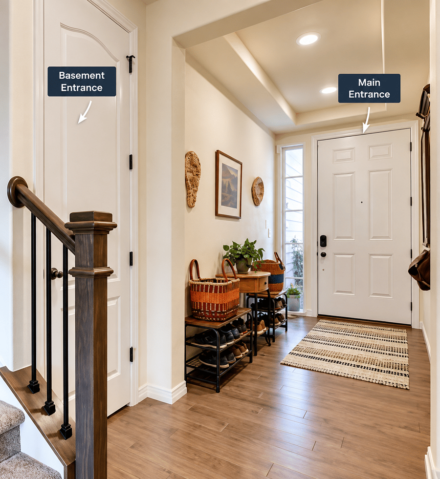 Entryway: shared main entrance and entrance to basement apartment suite