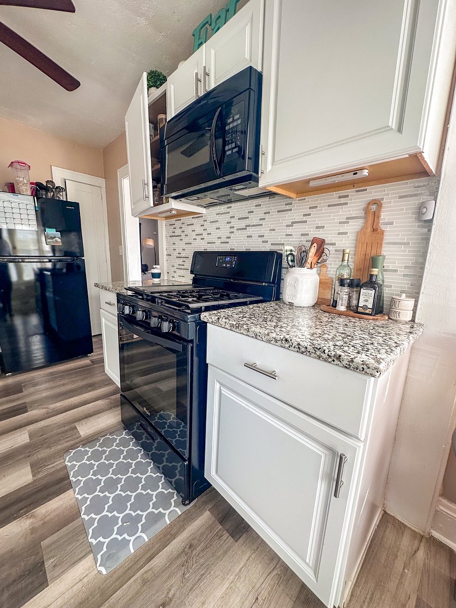 Shared gas stove and microwave.