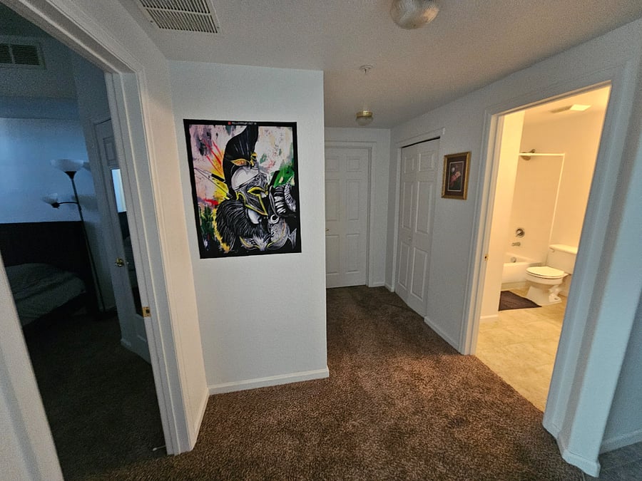 Your Bedroom and Bathroom is just across from each other.