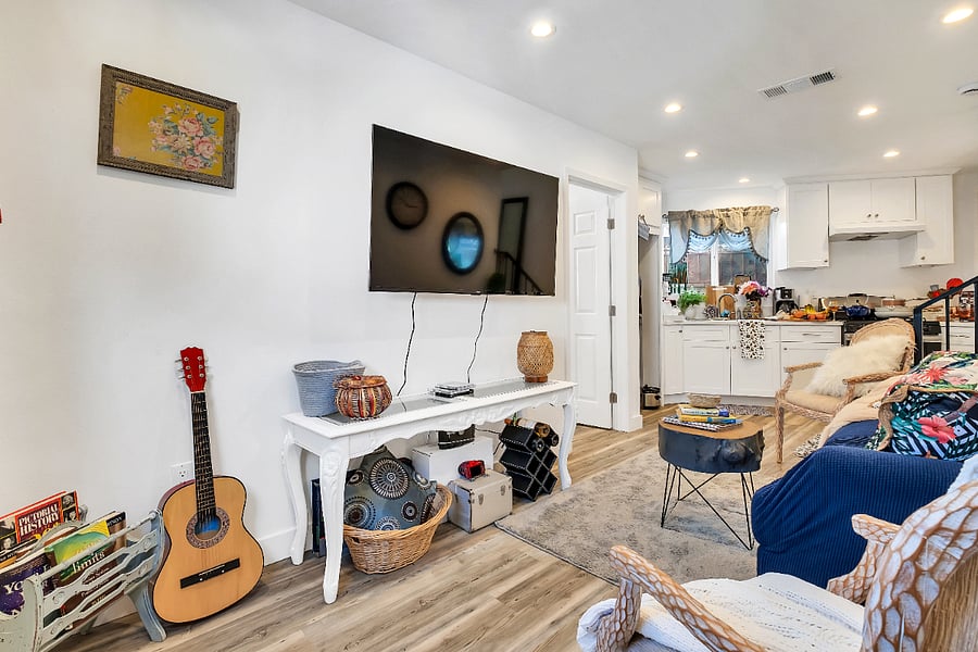 Having the perfect morning: sipping freshly brewed coffee on this sofa watching a 55" Smart TV