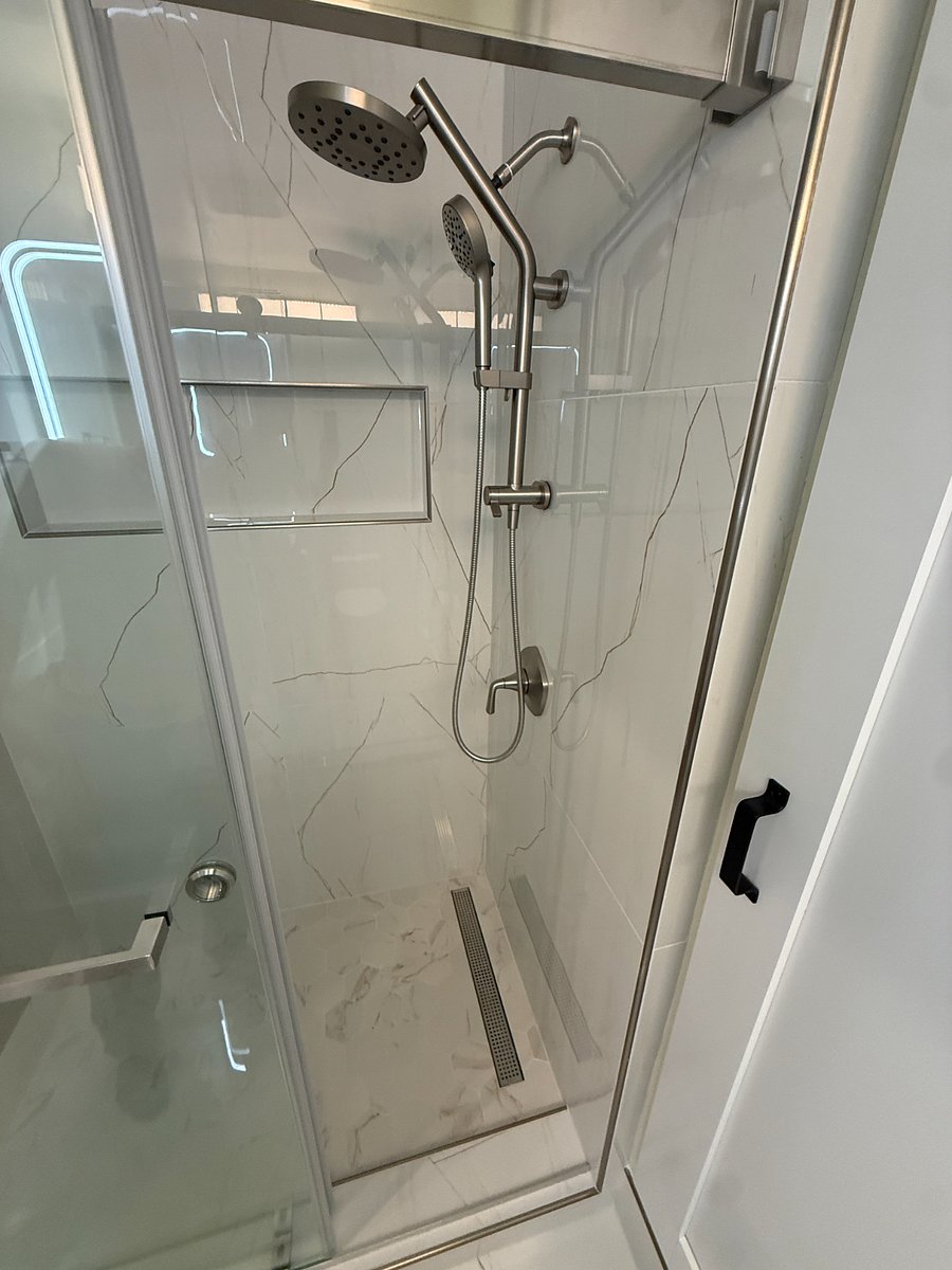 Large Format Imported Porcelain Tile + Rain Shower Head System