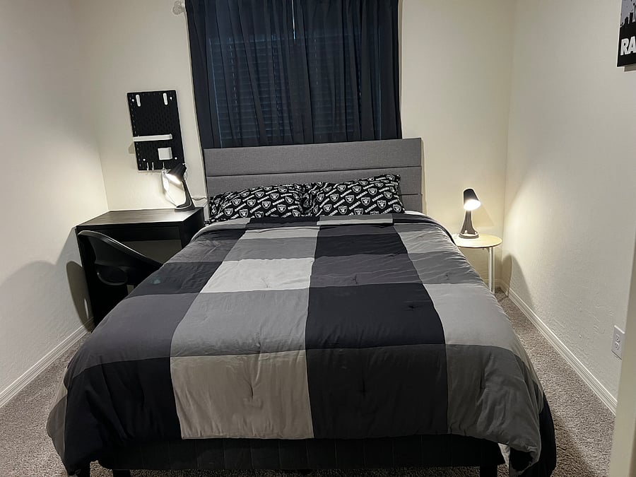 Room 1 - Queen Size Bed, Side Lamps, Desk Table and swivel chair.