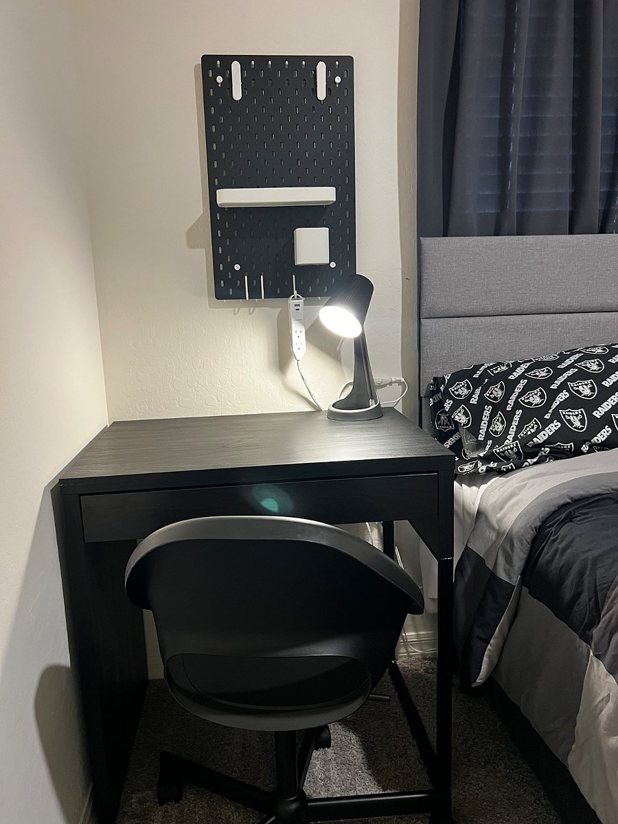 Room 1 - Desk Table and swivel chair, Side Lamp, Extension outlet with USB and USB-C ports, wall organizers/peg board.