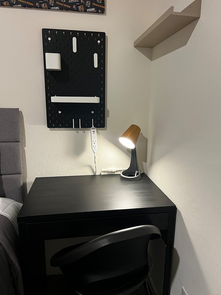 Room 2 - Desk Table and swivel chair, Side Lamp, Extension outlet with USB and USB-C ports, wall organizers/peg board.