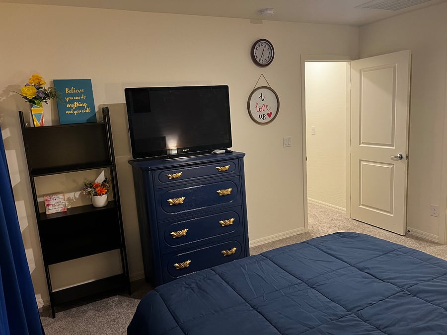 Room 3 / Master BR - Storage cabinet, Smart TV, and book shelf.