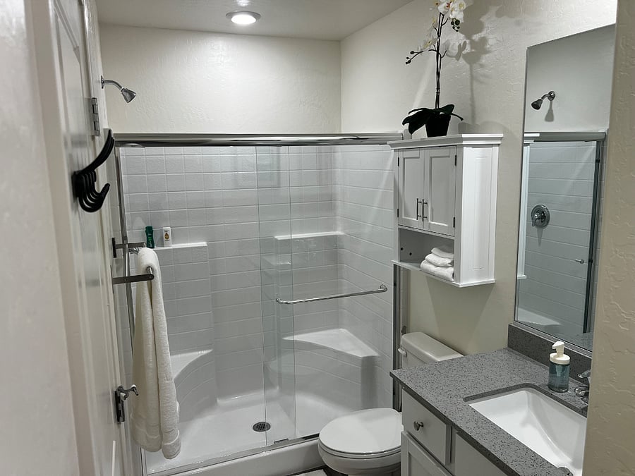 Full Bathroom 2 / Master BR - Toilet Bowl with Bidet/Water Sprayer, Sliding Shower Door, cabinets with towels, walk-in closet.