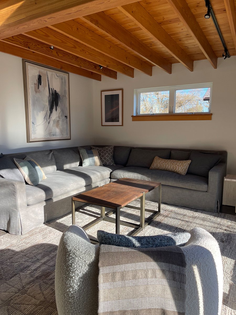 Large linen sectional in living room.