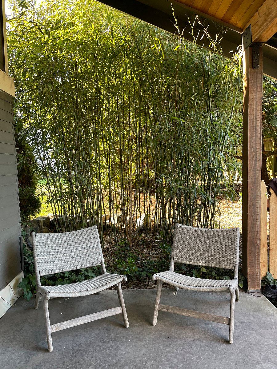 Lounge chairs on front covered porch of house. 