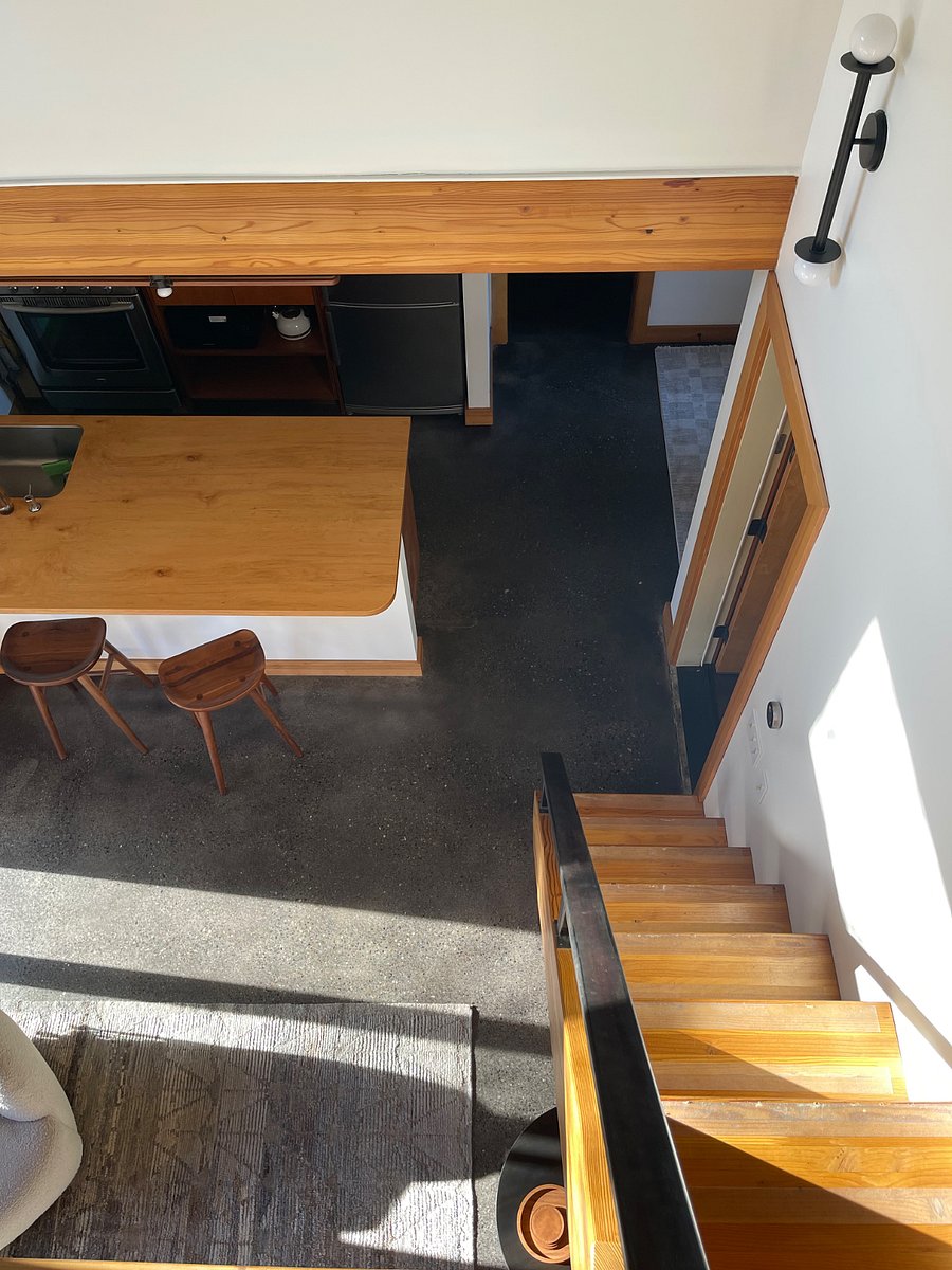 View looking down from loft, take care on loft stairs which are steep but have anti-slip treatment. 