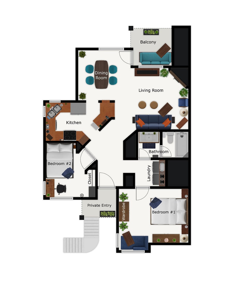 Enjoy the privacy of a top-floor end-unit condo, with no neighbors above, only one shared wall, & your own staircase.

  Tip: when using a computer, right-click the image & select "Open image in new tab" to enlarge the furnished floor plan.