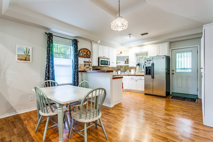 View of the open concept dining and kitchen area.