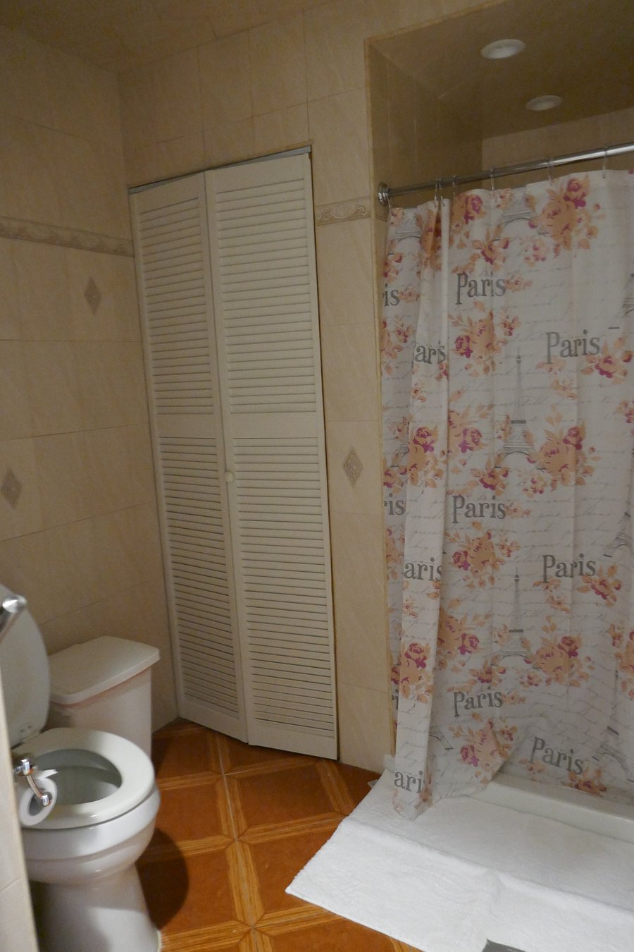 Linen closet, full shower, toilet with grab bar toilet paper dispenser.