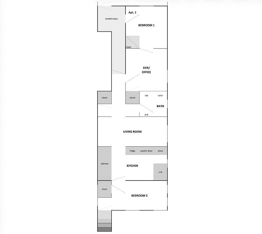 Floor Plan - Bedroom 1 is at the front of the unit, Bedroom 2 is in the back.