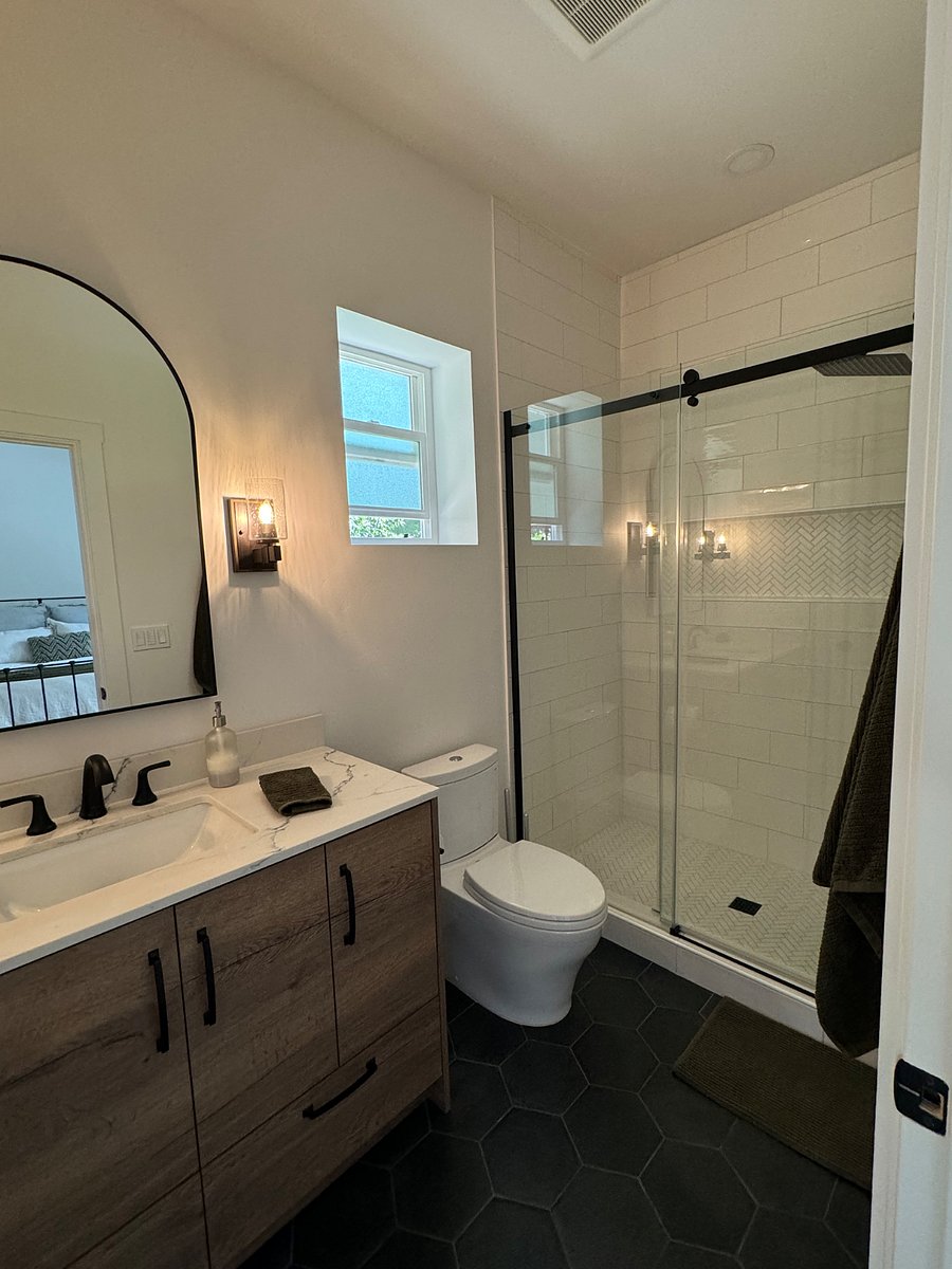 Bathroom with large shower with rain head