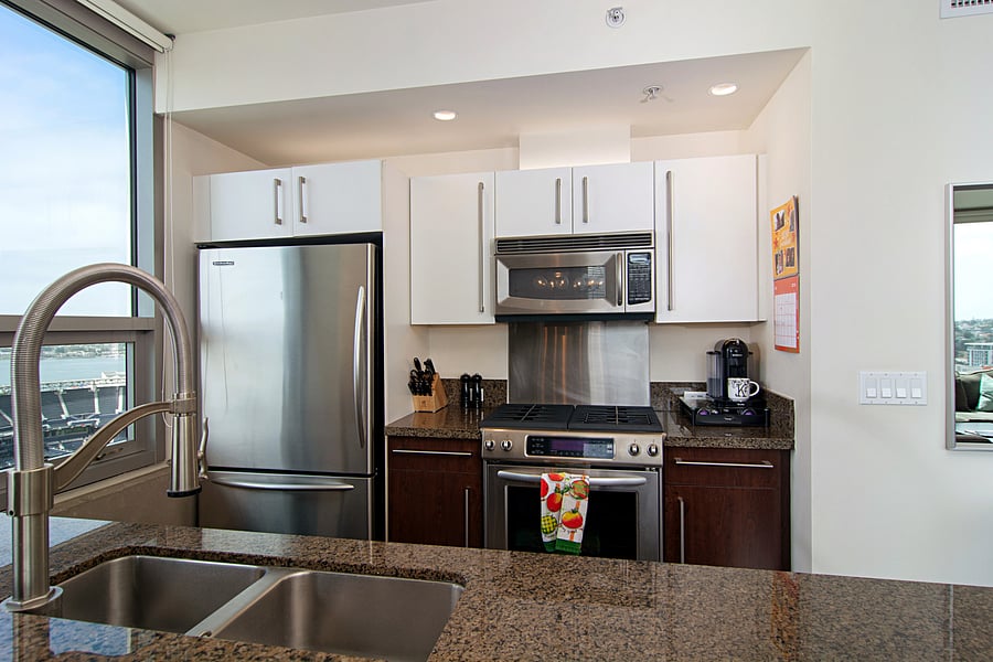 Full kitchen with stainless steel full size appliances 