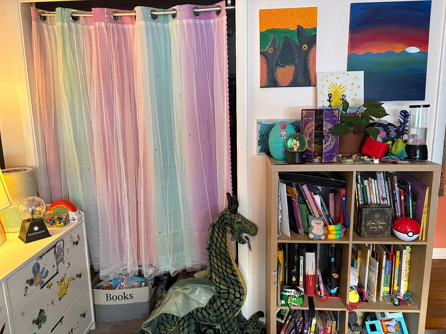 fun kids room, lots of closet space, book shelf and big dresser (note we can remove all kid stuff as you wish and push two twin beds together)